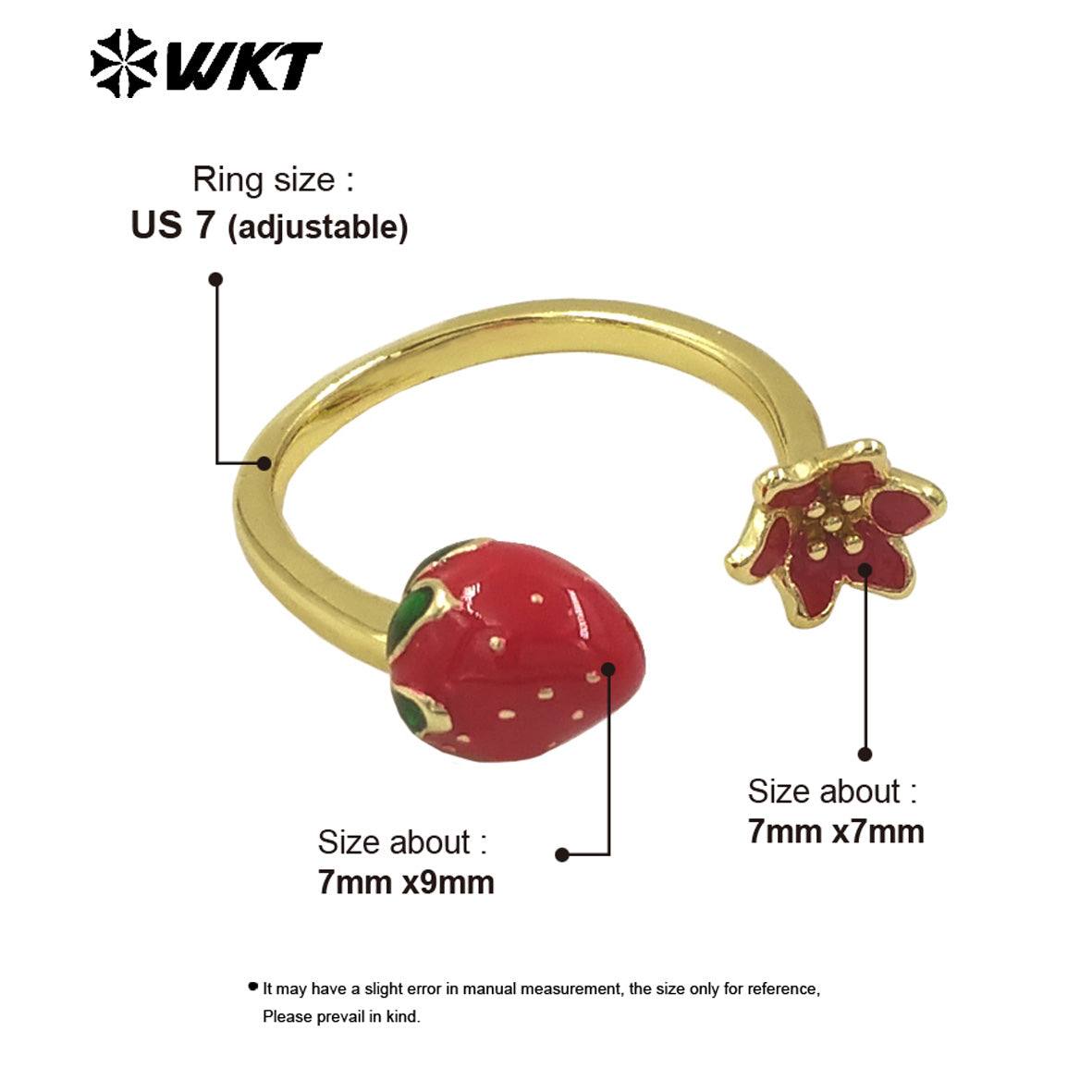 WT-RF008 Wholesale Gold Plated Women Ring Adjustable Size Strawberry And Flower Charm For Daily Wearing Jewelry Accessory