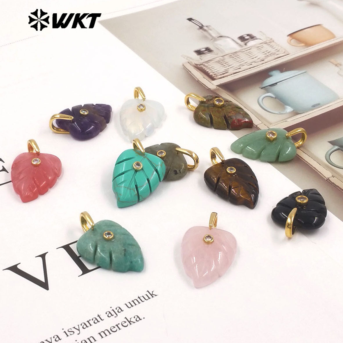 WT-P2141 Wonderful Zircon And Multi Colors Natural Gemstones Hand Carved Leaf Shape Gold Pendants For Lady Earrings DIY