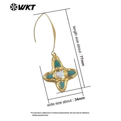 WT-E804 Popular Style Gold Electroplated Natural Turquoise And Pearl Cross Pendant Long Earrings As Women Daily Decorations