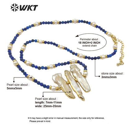 WT-JN104 Newest Natural Pearl Necklace 3mm Lapis Beads 4mm Pearl Beads Themed Pendant in Randomly Shape Fashion Charm Necklace