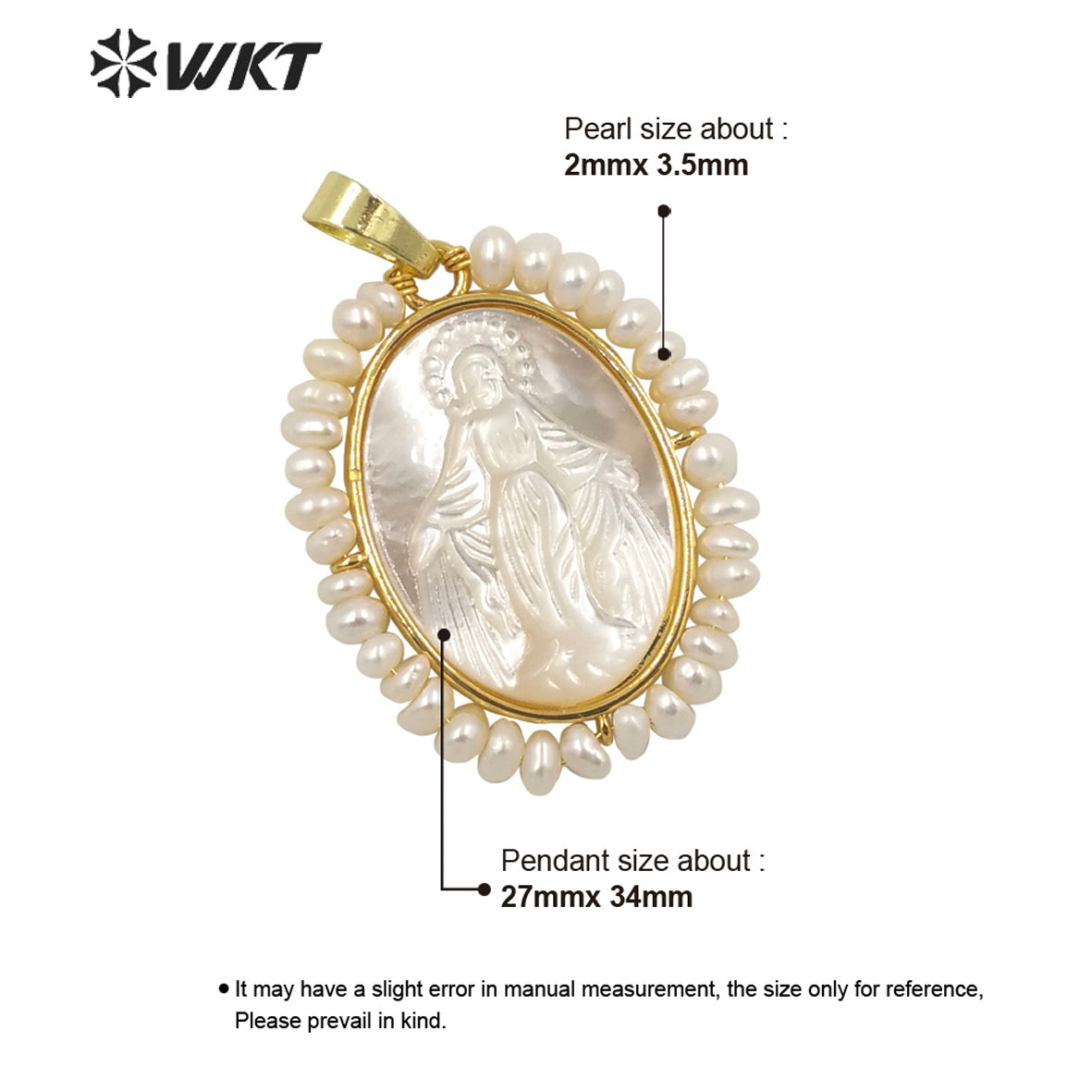 WT-JP253 WKT New Hot 18k Real Gold Bezel Handmade Pearl Wire Wrapped the Mother of Jesus Christ Virgen Marias Pendant in Shell