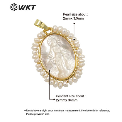 WT-JP253 WKT New Hot 18k Real Gold Bezel Handmade Pearl Wire Wrapped the Mother of Jesus Christ Virgen Marias Pendant in Shell