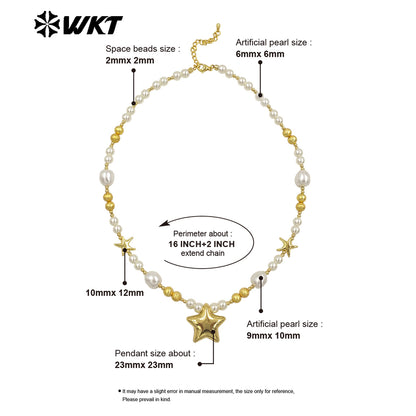 WT-JN287 WKT Natural Yellow Brass Artificial Pearl Star Shape Gold and Silver 16 Inch Necklace for the Girl As Birthday Gift