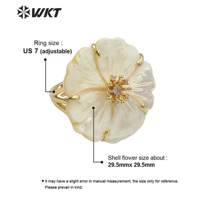 WT-MPR069 Gorgeous Trendy Fashion Natural White Shell and Zircon Flower Shaped Ring for Women Lucky Unique Design Ring