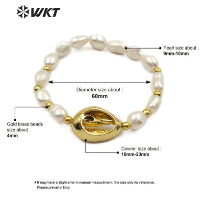 WT-B458 New Fashion Handmade Jewelry Adjustable Bracelets Gold Brass Beads and Pearl and Full or Half Plated Cowrie Bracelets