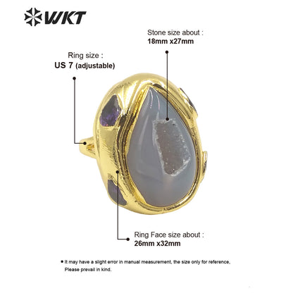 WT-R500 Gorgeous 18K Gold Plated Natural Druzy Geode Agate Teardrop Fashion Designer Unique Grey Stone Jewelry Ring