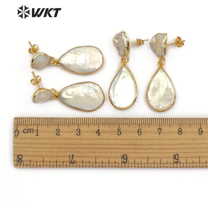 WT-E489 White Pearl Jewelry With Gold Electroplated Bridal Pearl in Teardrop Shape Natural Freshwater Pearl Earring Drop Earring