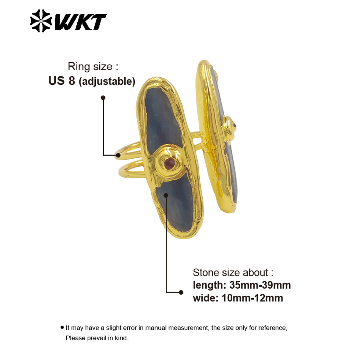 WT-R555 New in 2024 Unique High Quality 18K Gold Plated Blue Kyanite Adjustable Long Ring Jewelry for Women As Daily Accessory