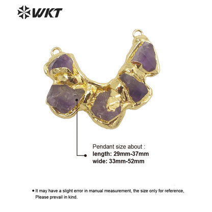 WT-C313 Amazing Handmade Natural Raw Amethyst and Yellow Citrine Quartz Pendant Gold Double Loops Stone Statement Connector