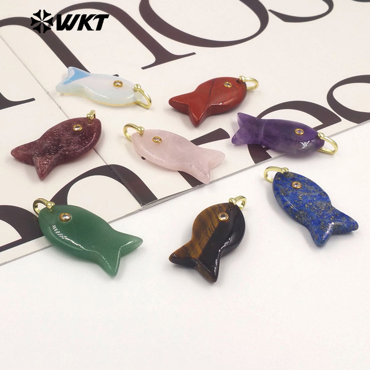 WT-P2088 Popular Interesting Style Zircon And Natural Gemstones Fish Shape Gold Pendant As Female Jewelry DIY Accessories