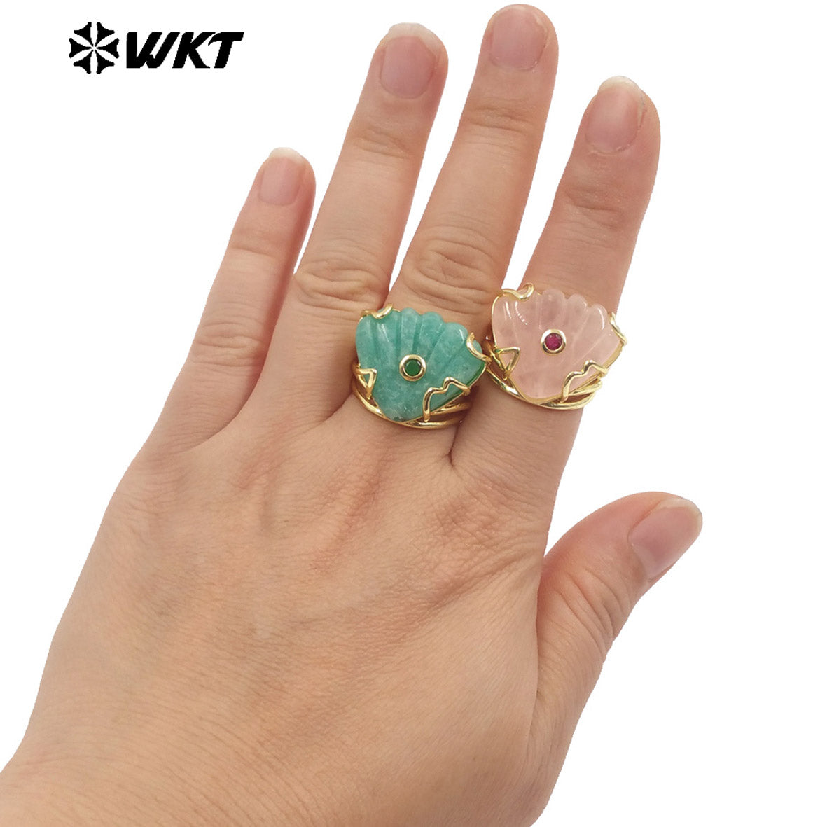 WT-R614 Lovely Design Gold Plated Colorful Zircon And Natural Gemstones Shell Shape Rings For Lady Wedding Wearing Accessory