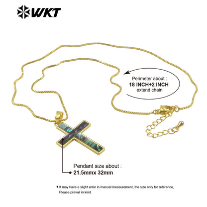 WT-JN277 Wholesale Amazing Christian Natural Shell Cross Pendant Necklace Gold Bezel Setting Unisex Jewelry