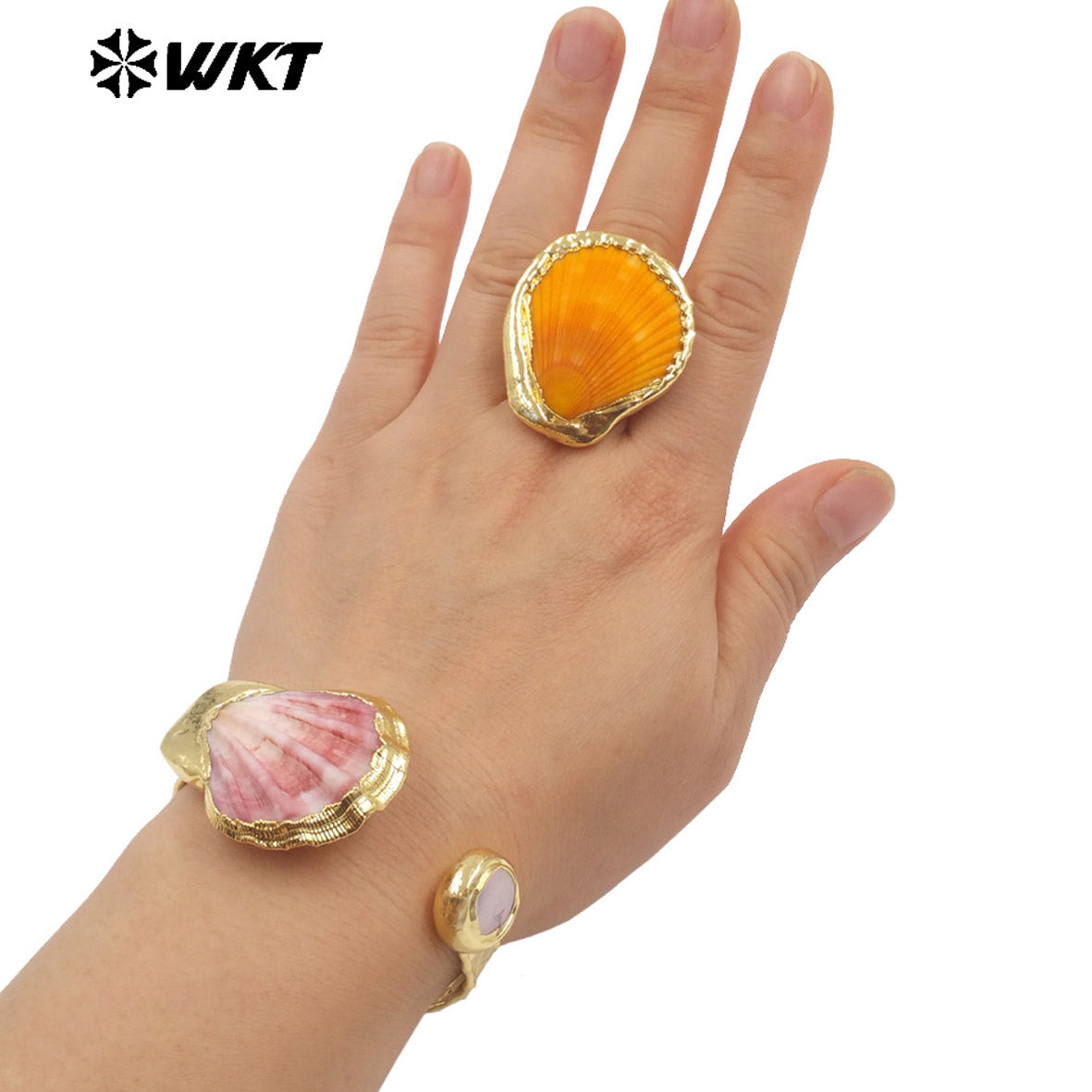 MPB141 Wonderful Trendy 18K Gold Plated Natural Scallop Shell And Pearl Adjustable Bangle For Women Summer Wearing Jewelry