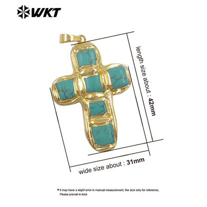 WT-P2037 Newest Religious Style Gold Plated Square Six Natural Turquoise Stones Cross Pendants For Handmade Fashion Gifts