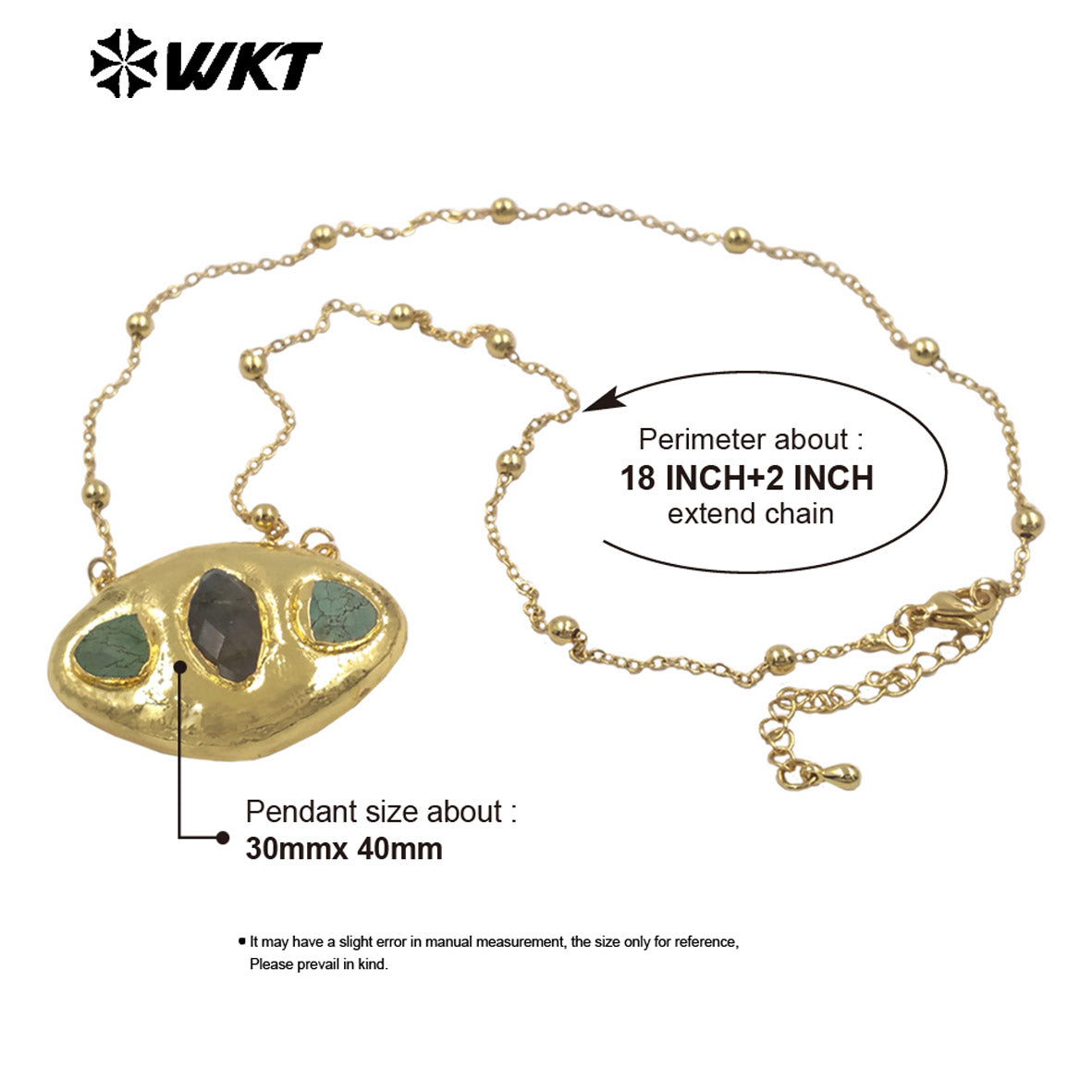 WT-N1529 Boutique 18K Gold Plated Thin Bead Chain With Three Natural Gemstones Pendant Necklaces As Women Elegant Jewelry