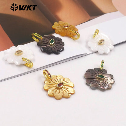 WT-JP485 Exquisite Corolful Zircon And White Shell Carved Flower Shape Gold Pendants For Lady Beautiful Earrings DIY Design