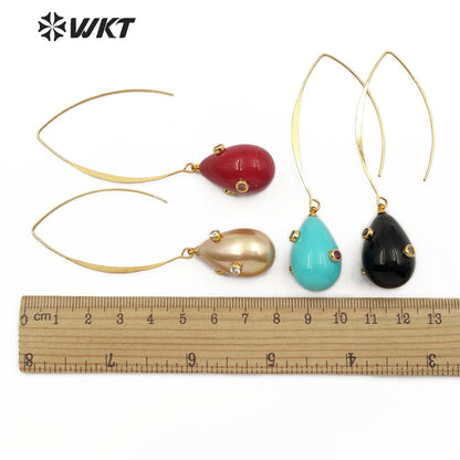 WT-E556 Natural Shell Pearl With Hole Big Ring for Women Shell Earring Gold Plated Hollow Out White Red Shell Earring