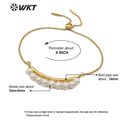 WT-B481 Wholesale Jewelry Pearls Strung in Bends Gold Bracelet Natural Freshwater Pearl Adjustable Bracelet Rose Gold Bracelet