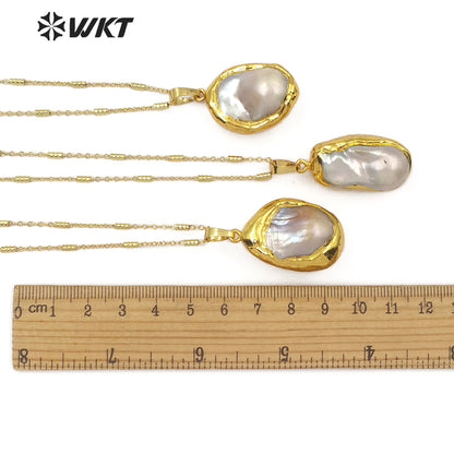 WT-JN063 Irregular Shape Jewelry Natural Pearl Pendant Specific Each Different Half of the Gold-Plated Wrapped Pearl Necklace