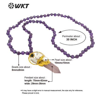 WT-N1243 Exclusive Design 8mm Round Amethyst Stone Necklace Women Winter Hot Pink Quartz Stone Big Chunky Pendant Necklace