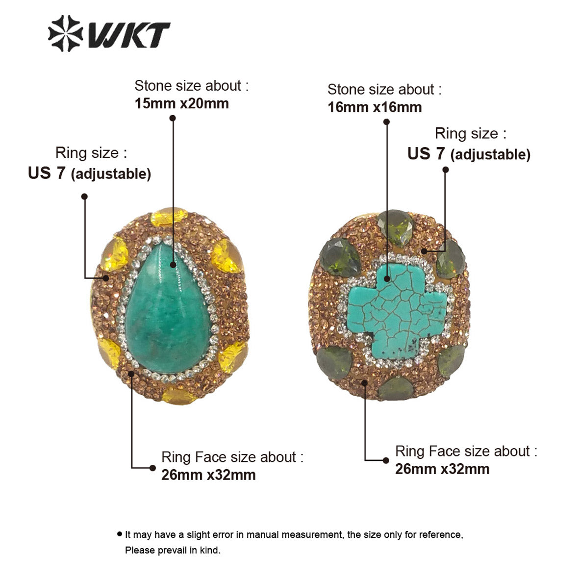 WT-R498 New Popular Vintage Style Rhinestone and Amazonite Turquoise Stone Setting Handmade Adjustable Sizee Gold Plated Ring
