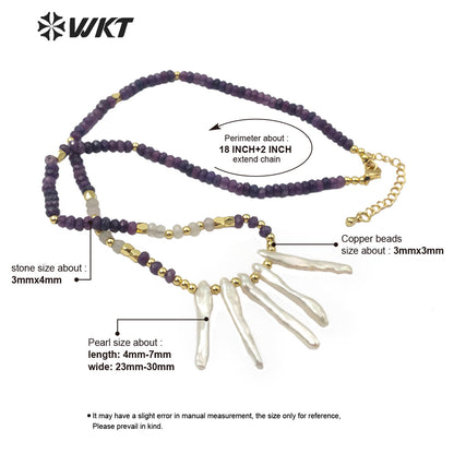 WT-JN105 Wholesale Natural Pearl Pendant Necklace With 3mm Amethyst Beads 3mm Brass Beads Chain Themed Pendant in Randomly Shape