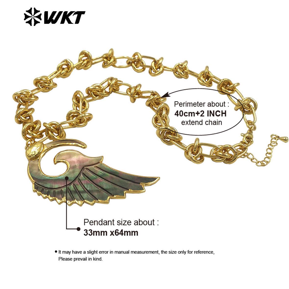 WT-JN319 New Arrival Gold Plated Carved White Shell Wing Necklace with Special Chain As Women Jewelry Accessory