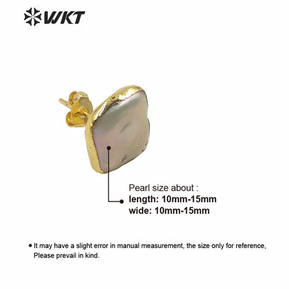 WT-MPE027 Wholesale Natural Freshwater square Pearl Studs Lady Fashion Gold Filled Real White Pearl Earrings Studs Gift Studs