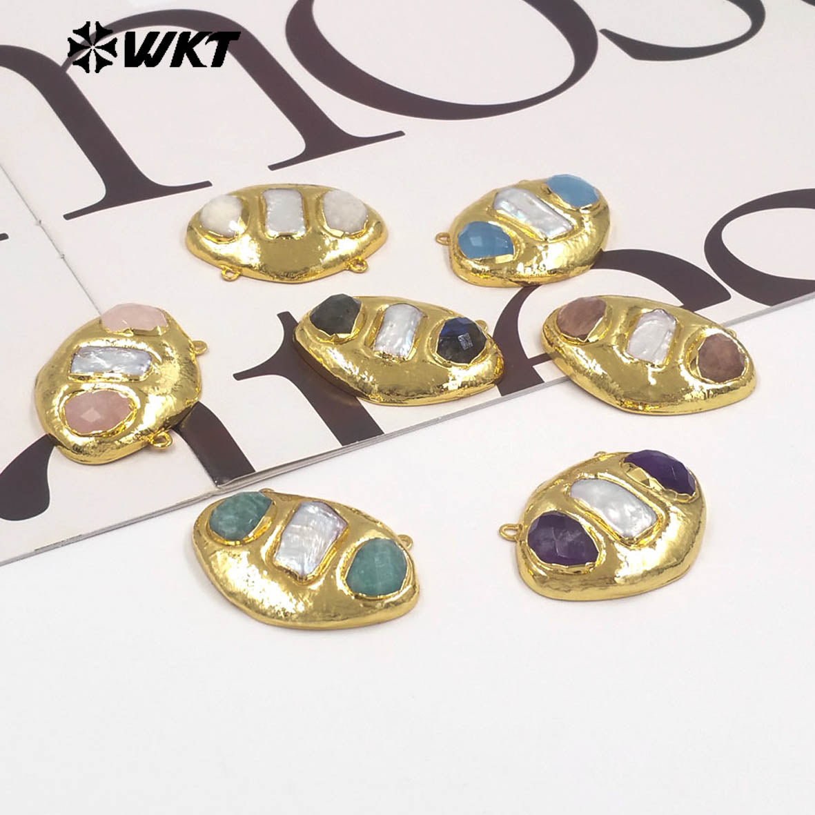 WT-PC021 Delicate 18K Gold Plated Two Natural Stones And Pearl Connectors With Double Hoops For Women Unique Necklace Design