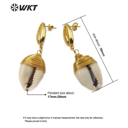 WT-E575 Wholesale Natural Cowrie Earring With Gold Electroplated Wire Wrapping Fashion Women Charm Cowrie Earring