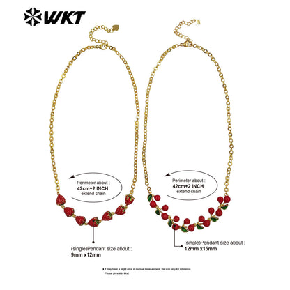 WT-JFN40 Wholesale Ladies Trendy Necklace Multi Cherries And Strawberries Yellow Brass With Drop Oil Anniversary Accessories