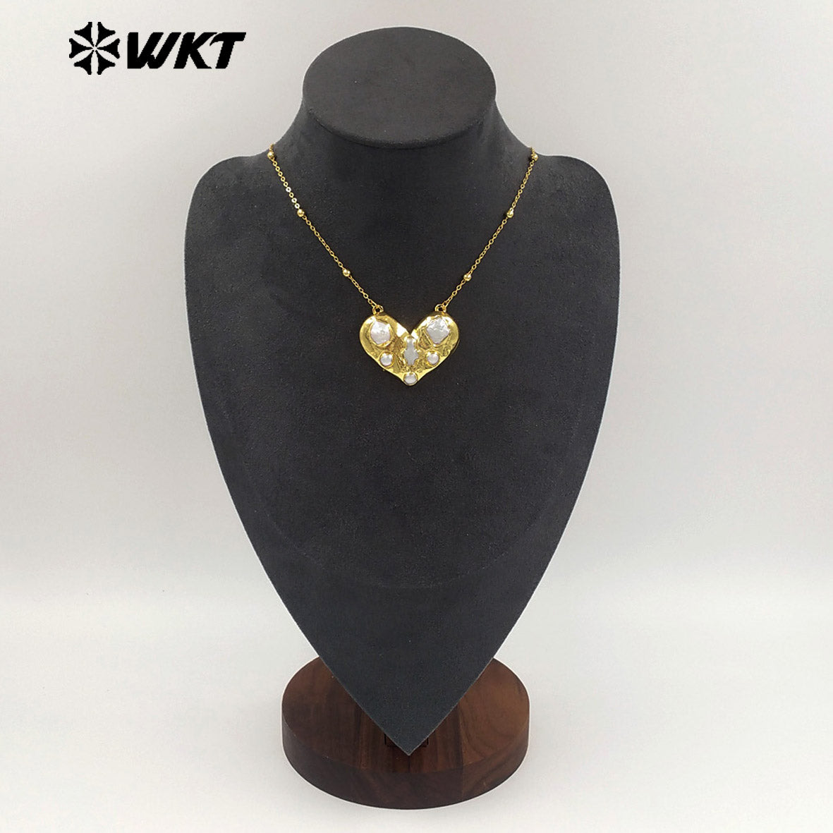 WT-JN381 Beautiful Thin Bead Chain With Gold Electroplated Natural Freshwater Pearl Heart Shape Pendant Necklace For Girl Gift