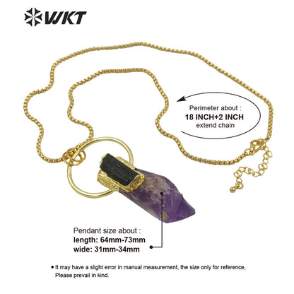 WT-N1266 Gorgeous New Big Amethyst Point Energy Stone Necklace Lady Lucky Stone Necklace With Gold Plated in 18 Inch Long