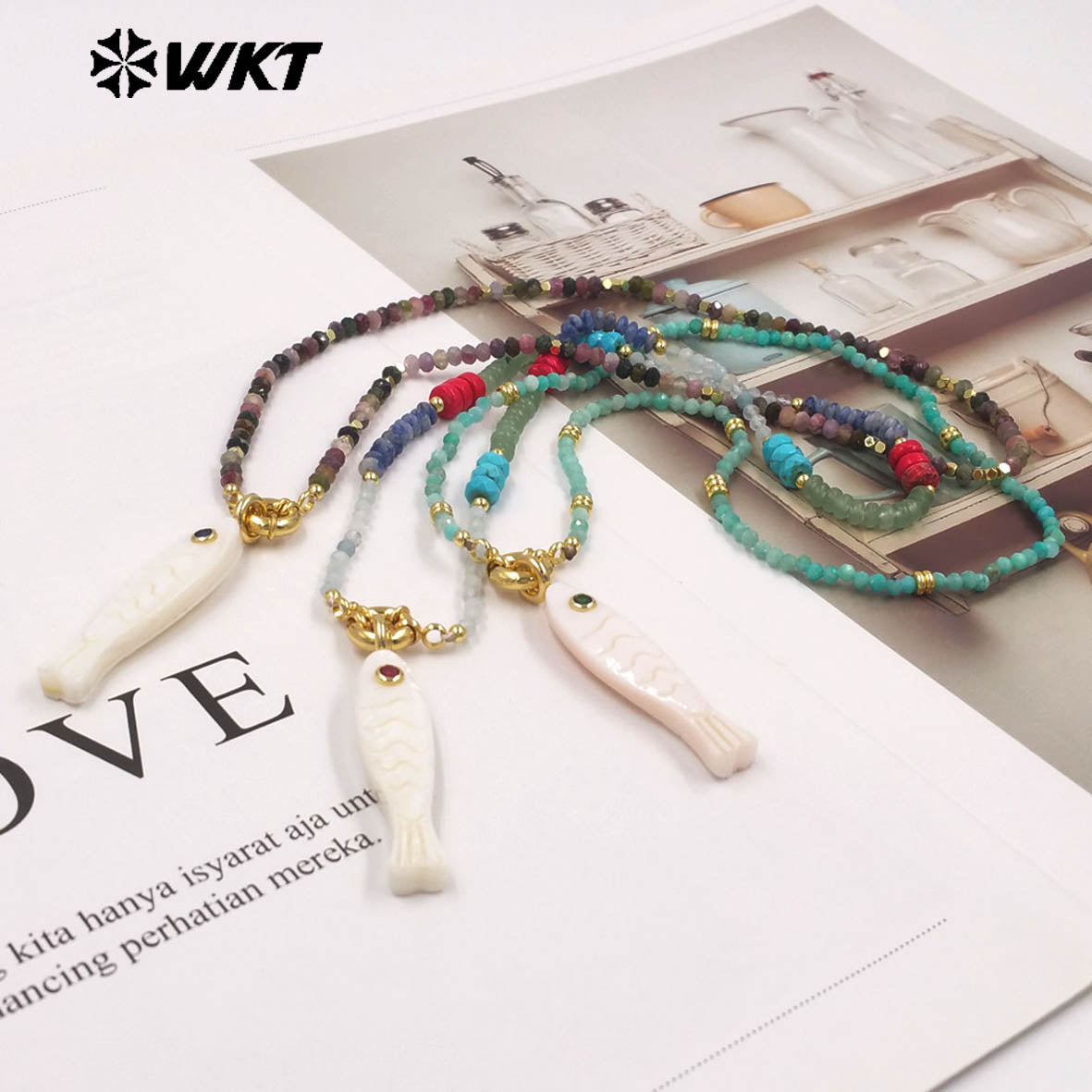 WT-JN405 Wonderful Natural Gemstone Beads Chain With White Shell Fish Charms Gold Necklaces For Women Party Trendy Matching