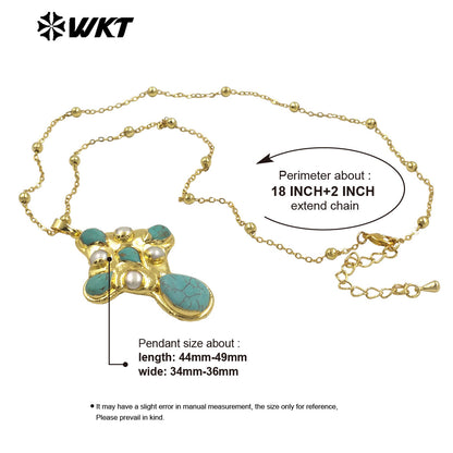 WT-JN297 Brand New Product Elegant 18K Gold Plated Pearl Turquoise Cross Unisex Pendant Necklace Fashion Jewelry Accessories