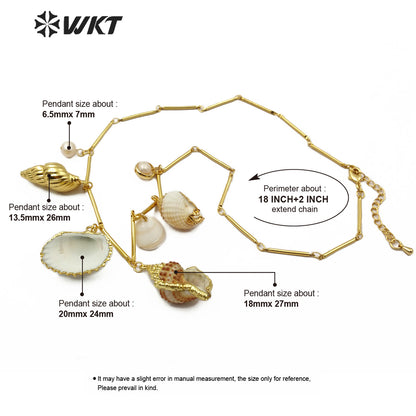 WT-JN098 New Design Natural Pearl and Trumpet Shell Necklace With Gold Electroplated Fashion Seashell Jewelry Necklace