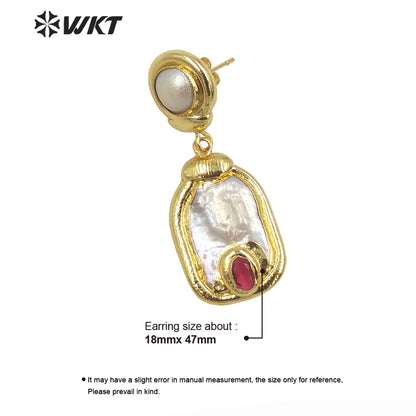 WT-MPE113 European and American Retro Exaggerated Inlaid with Natural Freshwater Pearl Pendant Earrings
