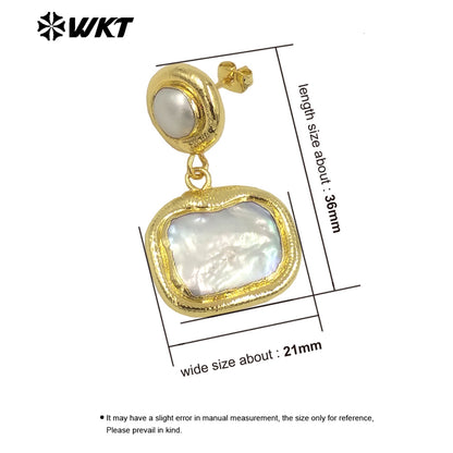 WT-MPE139 Elegant 18K Gold Plated Pearl Round Rectangular Combination Long Earrings for Women As Wedding and Anniversary Gifts