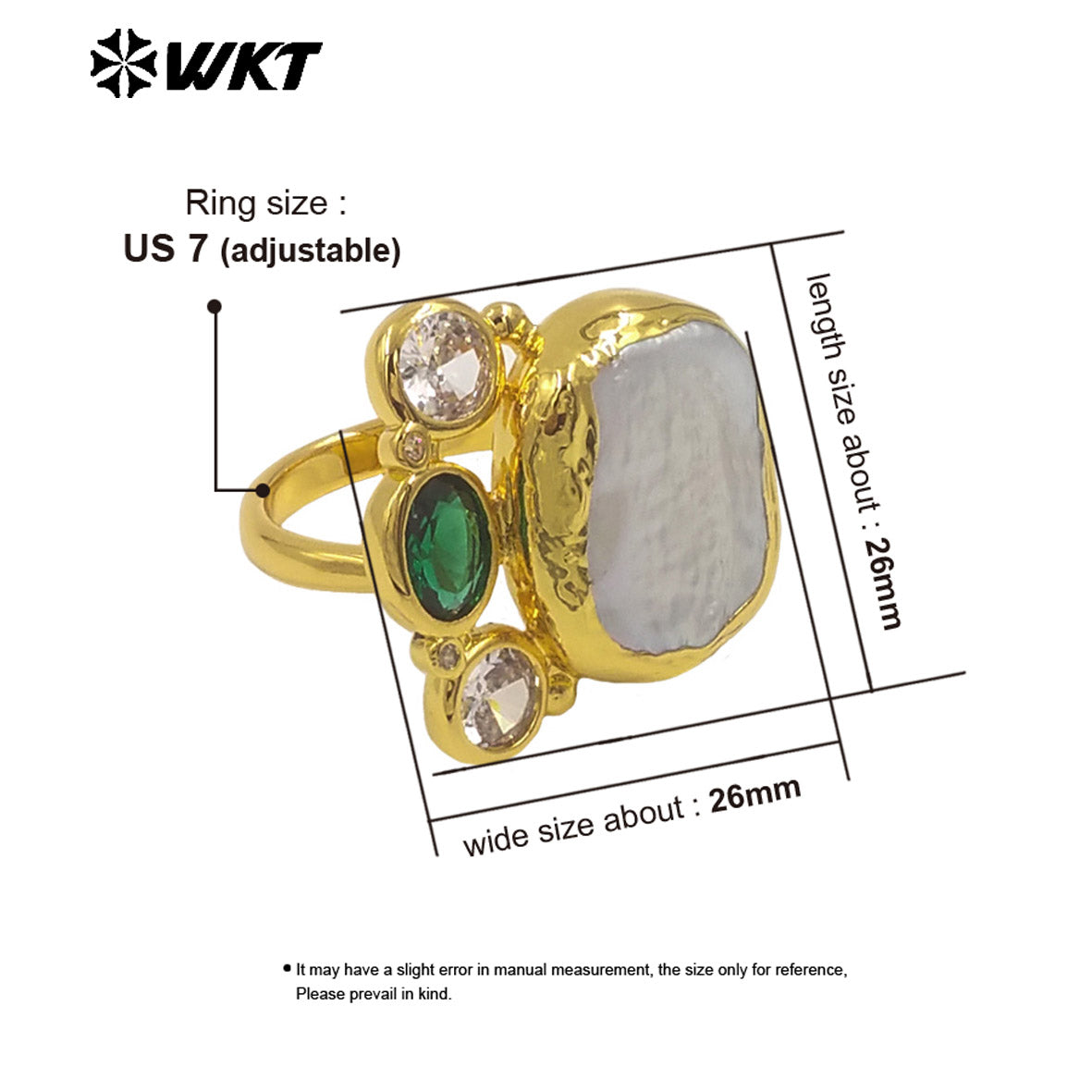 WT-MR043 Newest Design Gold Plated Natural Freshwater Pearl Ring With Multi Colors Cubic Zircon Square Shape Women Jewelry Ring