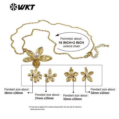 WT-N1516 Wholesale Trendy Metal Thin Chain With Gold Plated Brass And Artifical Pearl Flowers Pendant Necklace As Lady Matching