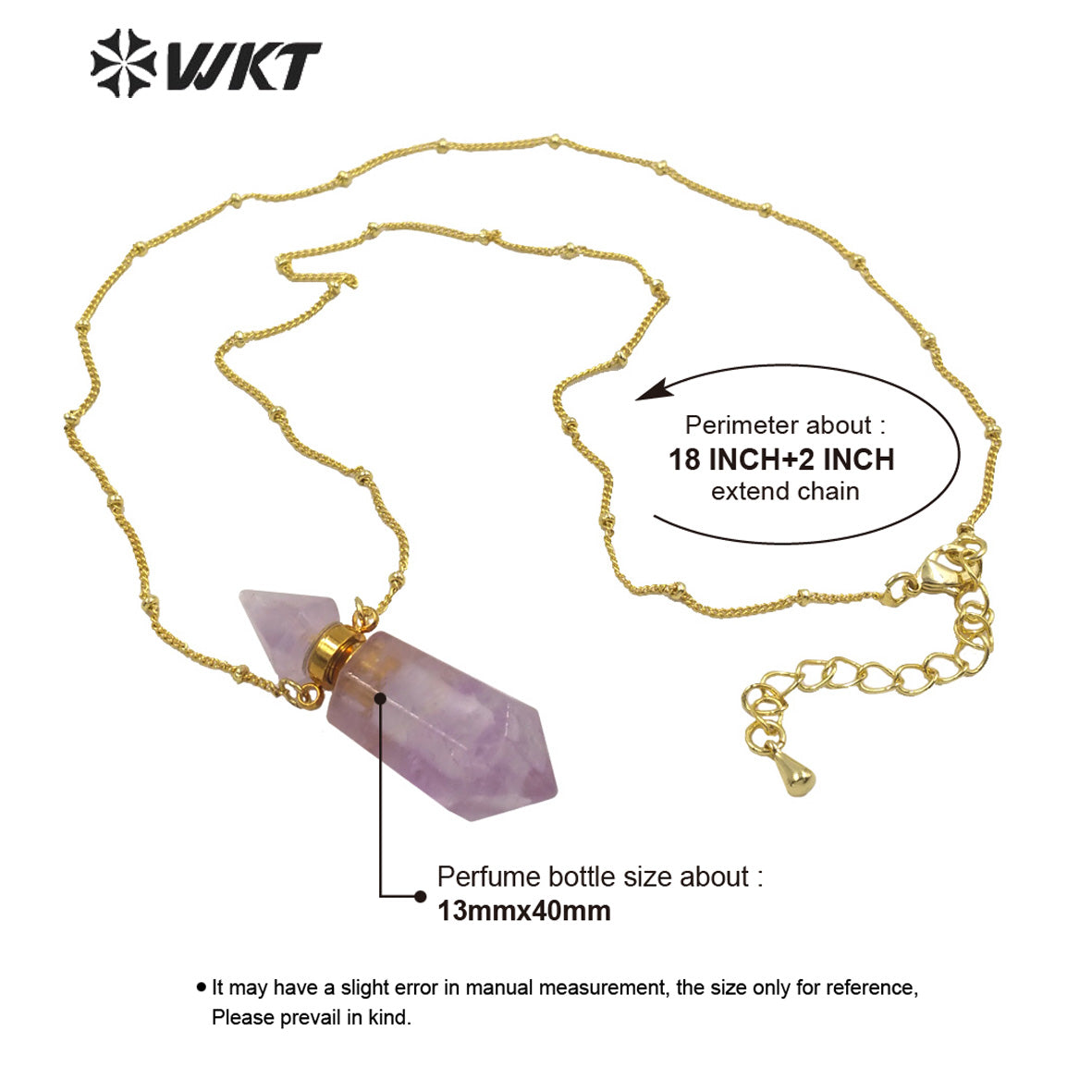 WT-N1284 Fashion Gold Plated Double Loops Natural Spirit Quartz Point Stone Perfume Bottle Necklace or Essencial Oil Necklace