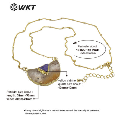 WT-N1208 Wholesale Natural Yellow Citrine Quartz Necklace With Druzy Quartz Charm Fashion Charm Jewelry Yellow Stone Necklace