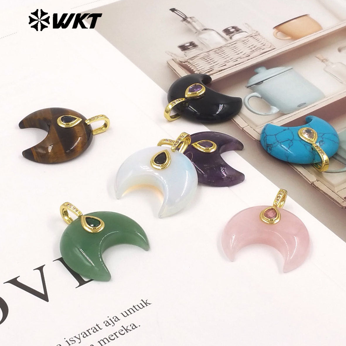WT-P2143 Hot Popular Waterdrop Zircon And Natural Gemstones Horn Shape Little Pendants For Lady Handmade Necklace Decorative