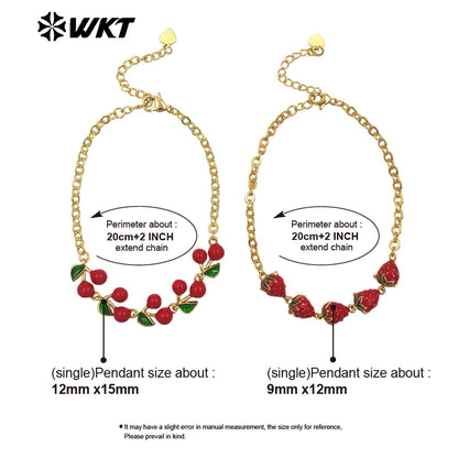 WT-JF365 New Arrival Fruit Series Cherry And Strawberry Fashion Bracelet Yellow Brass With Drop Oil Gold Plated Ladies Accessory