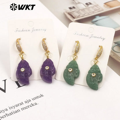 WT-E828 New Product Zircon And Various Natural Gemstones Conch Shape Gold Earrings For Girls Summer Beach Wearing Accessory
