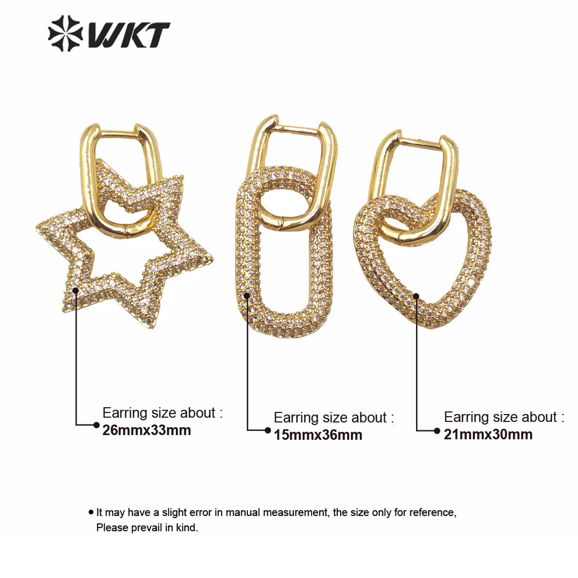 WT-ME074 Supper Hot Unique Shinning Cubic Zircon Earrings Gold Plated Star Heart Clasp Earrings Fashion Gold Cz Earrings