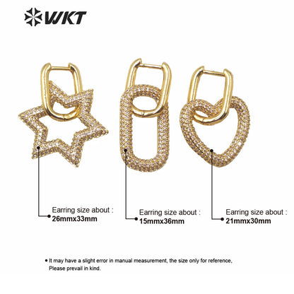 WT-ME074 Supper Hot Unique Shinning Cubic Zircon Earrings Gold Plated Star Heart Clasp Earrings Fashion Gold Cz Earrings