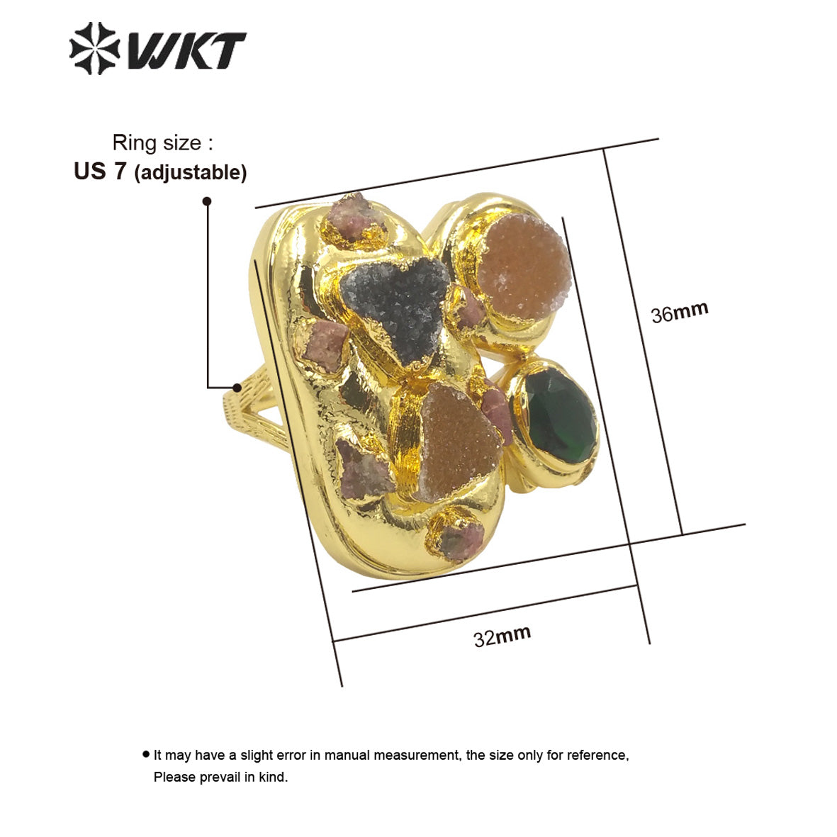 WT-R503 Gorgeous Amazing 18K Gold Plated Resist Tarishable Multi Druzy Agate Stones Big Cocktail Party Ring in Adjustable