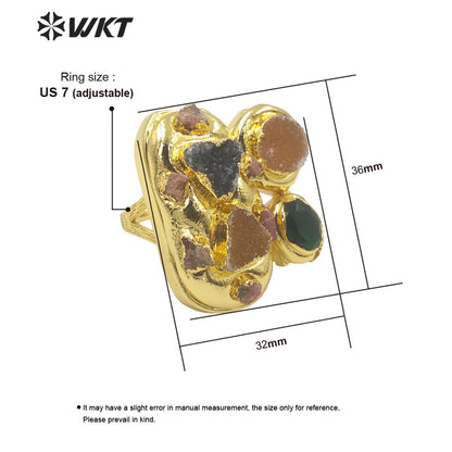WT-R503 Gorgeous Amazing 18K Gold Plated Resist Tarishable Multi Druzy Agate Stones Big Cocktail Party Ring in Adjustable