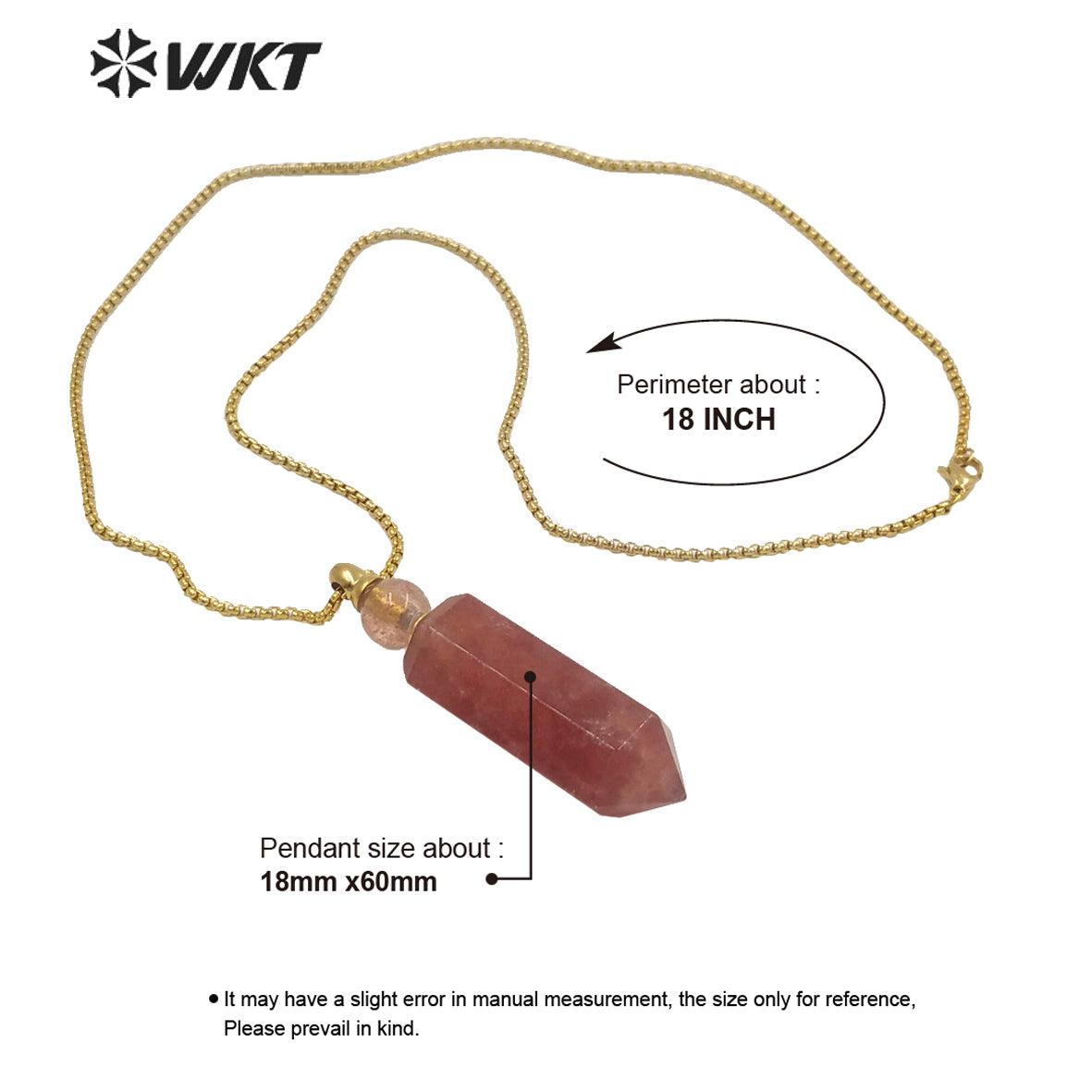 WT-N1232 New Color Women Hot Sales Gold Natural Strawberry Quartz Necklace Fashion Perfume Bottle Spirit Quartz Point Necklace